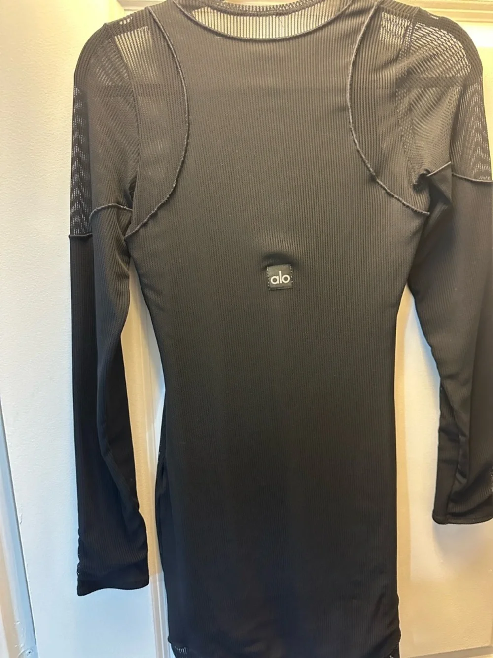 ALO Yoga Black Long-Sleeve Mesh Detail Mini Dress